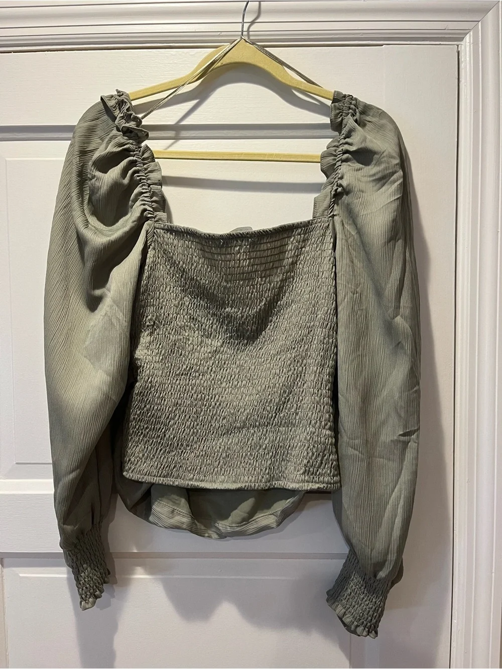 ASTR The Label Smocked Square-Neck Long Sleeve Top in Sage Green